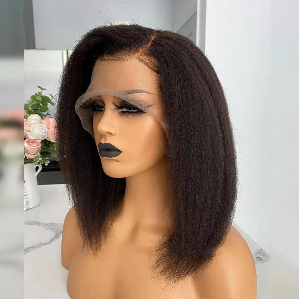 Perruque bob droite crépue sans colle 13x4 | Prête à porter | Cheveux brésiliens Remy | Dentelle transparente HD