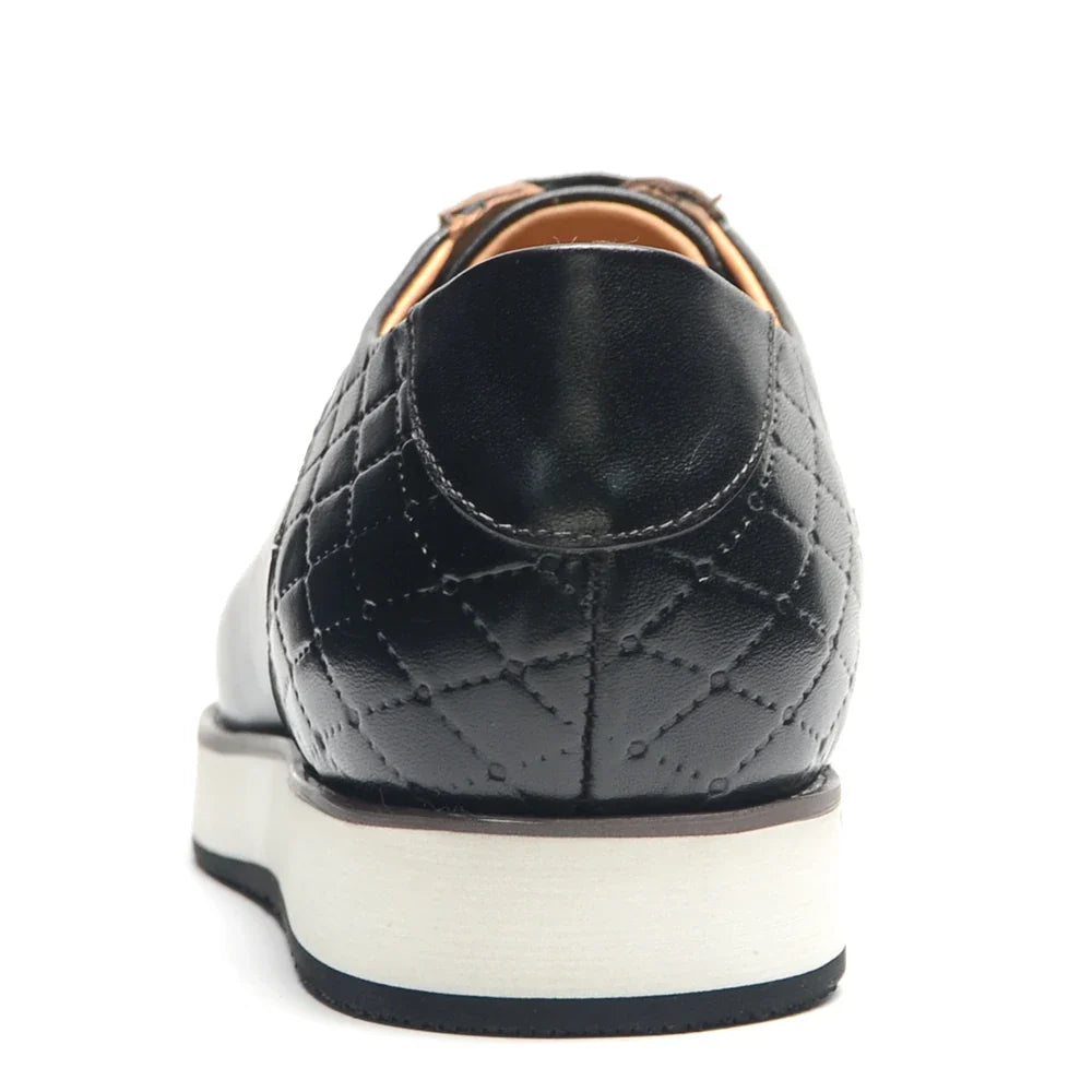 Europe 2024 Automne Hommes Luxe Cuir Véritable Plaid Chaussures Décontractées | Baskets Business Noir & Marron Foncé (Augmentation de la Hauteur)
