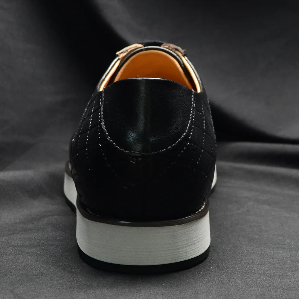 Europe 2024 Automne Hommes Luxe Cuir Véritable Plaid Chaussures Décontractées | Baskets Business Noir & Marron Foncé (Augmentation de la Hauteur)