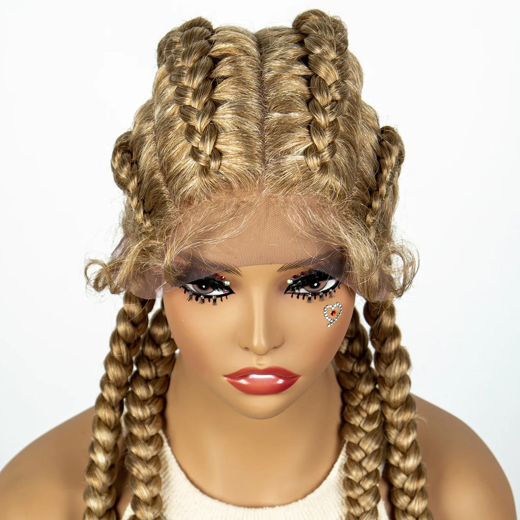 Perruque tressée de 36" 27/613 blonde cornrow | Tresses africaines frontales en dentelle | Perruque synthétique avec cheveux de bébé pour femmes noires
