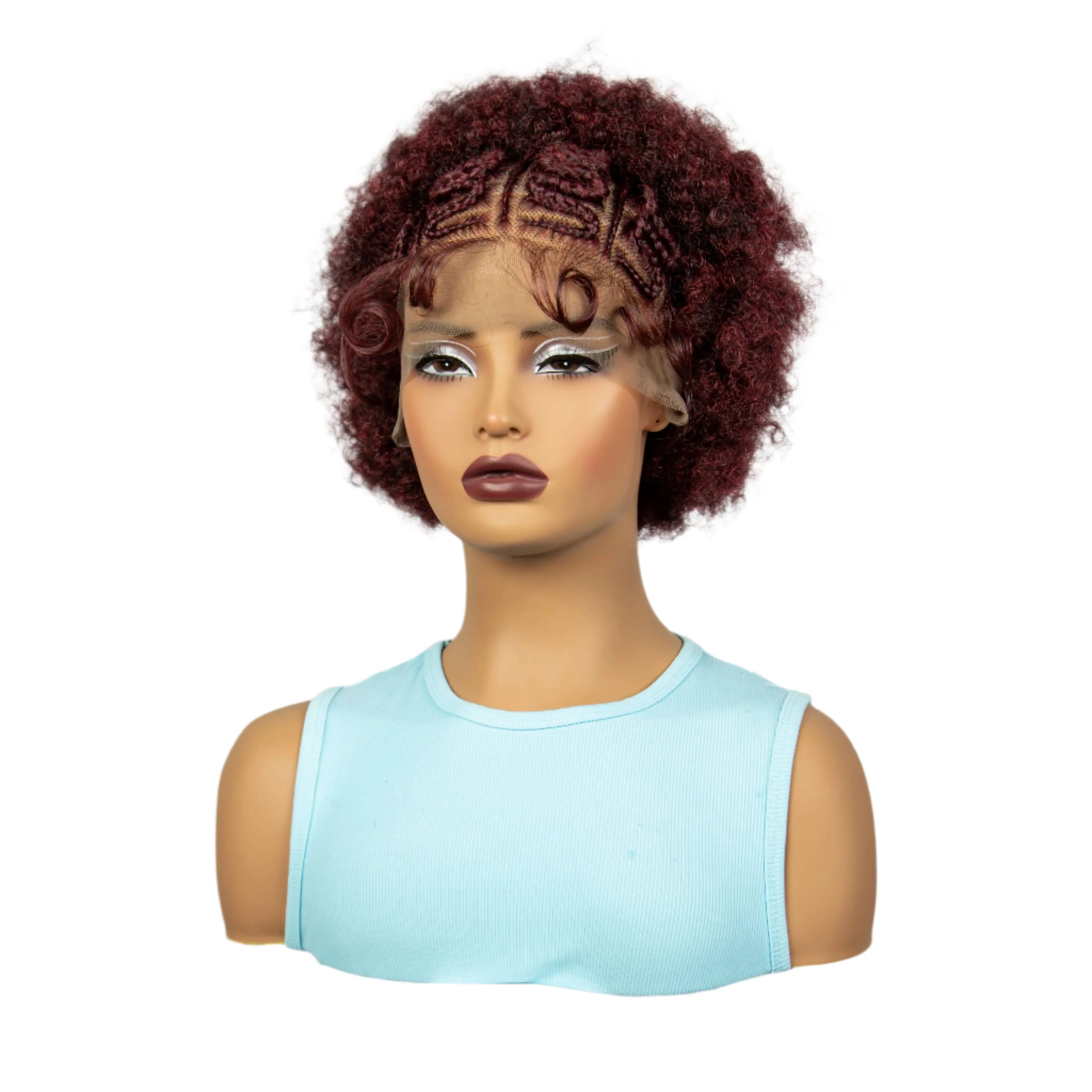 Perruque bob tressée afro bouclée bordeaux | Dentelle 13x6 | Cheveux de bébé | Boucles rebondissantes
