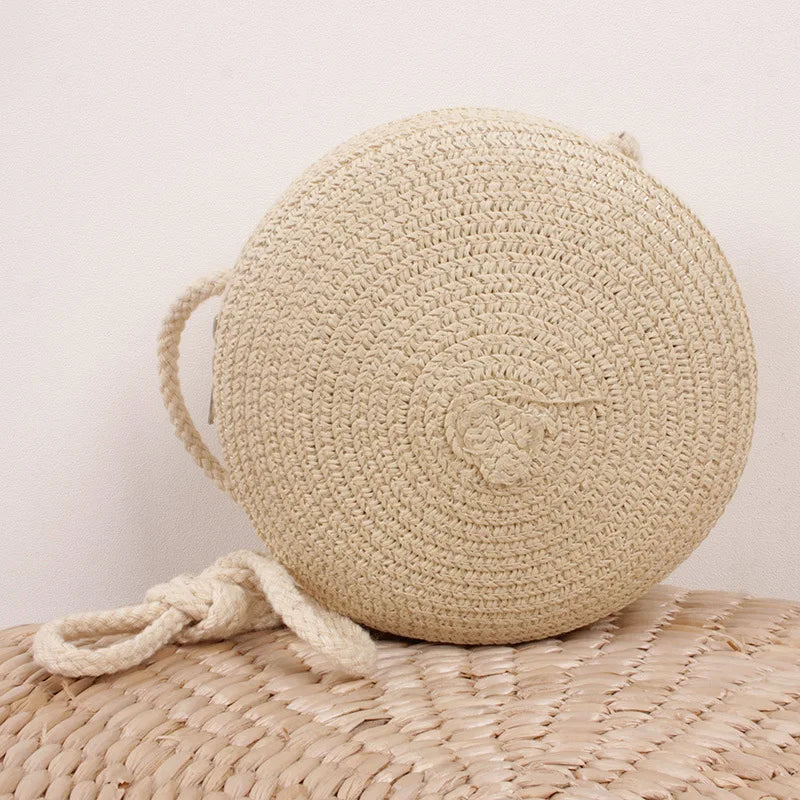 Sac bandoulière tissé en paille pour femme | Petit sac à main de plage rond en rotin fait main (sac à bandoulière pour femme)