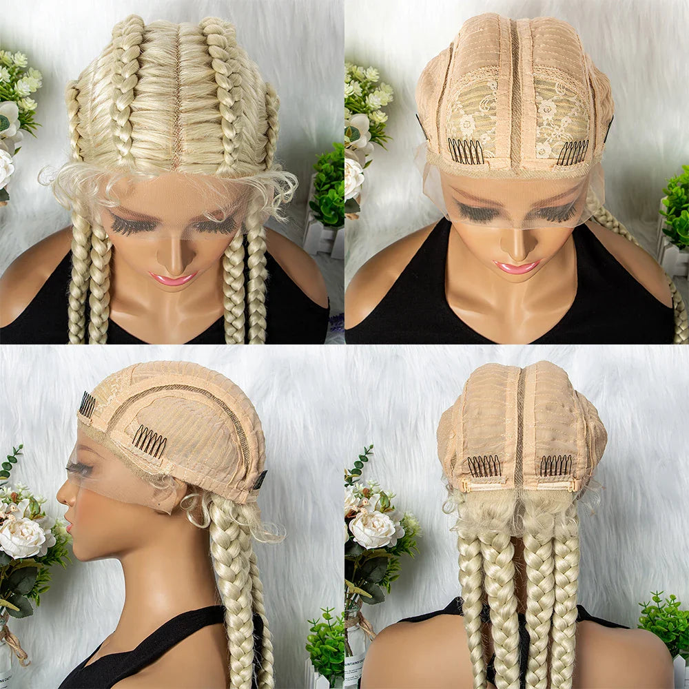 Perruque tressée de 36" 27/613 blonde cornrow | Tresses africaines frontales en dentelle | Perruque synthétique avec cheveux de bébé pour femmes noires