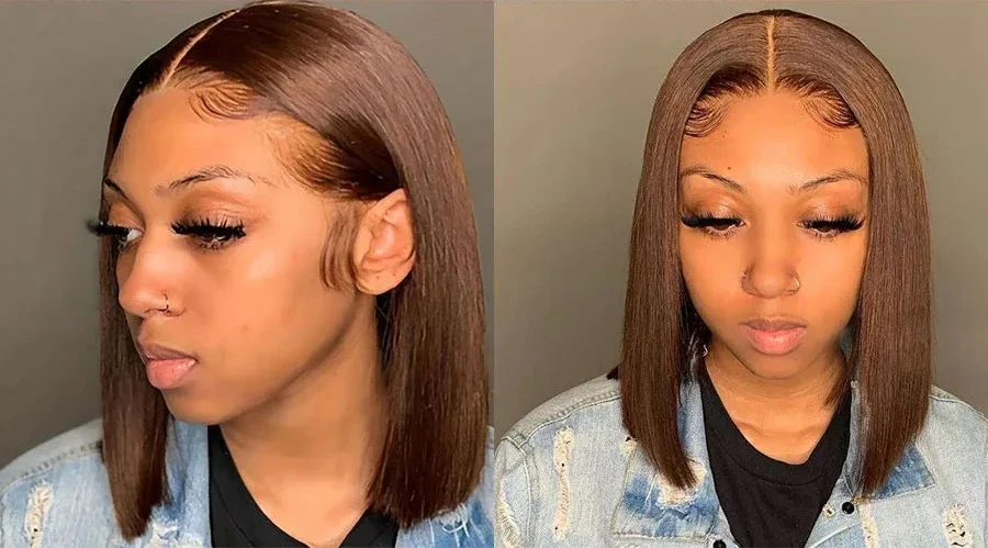 #4 Perruque Bob Brun Chocolat | Sans Colle | Prête à Porter | Cheveux Brésiliens | Cheveux Naturels | Raides | Indétectable | Perruques à Closure Pour Femmes
