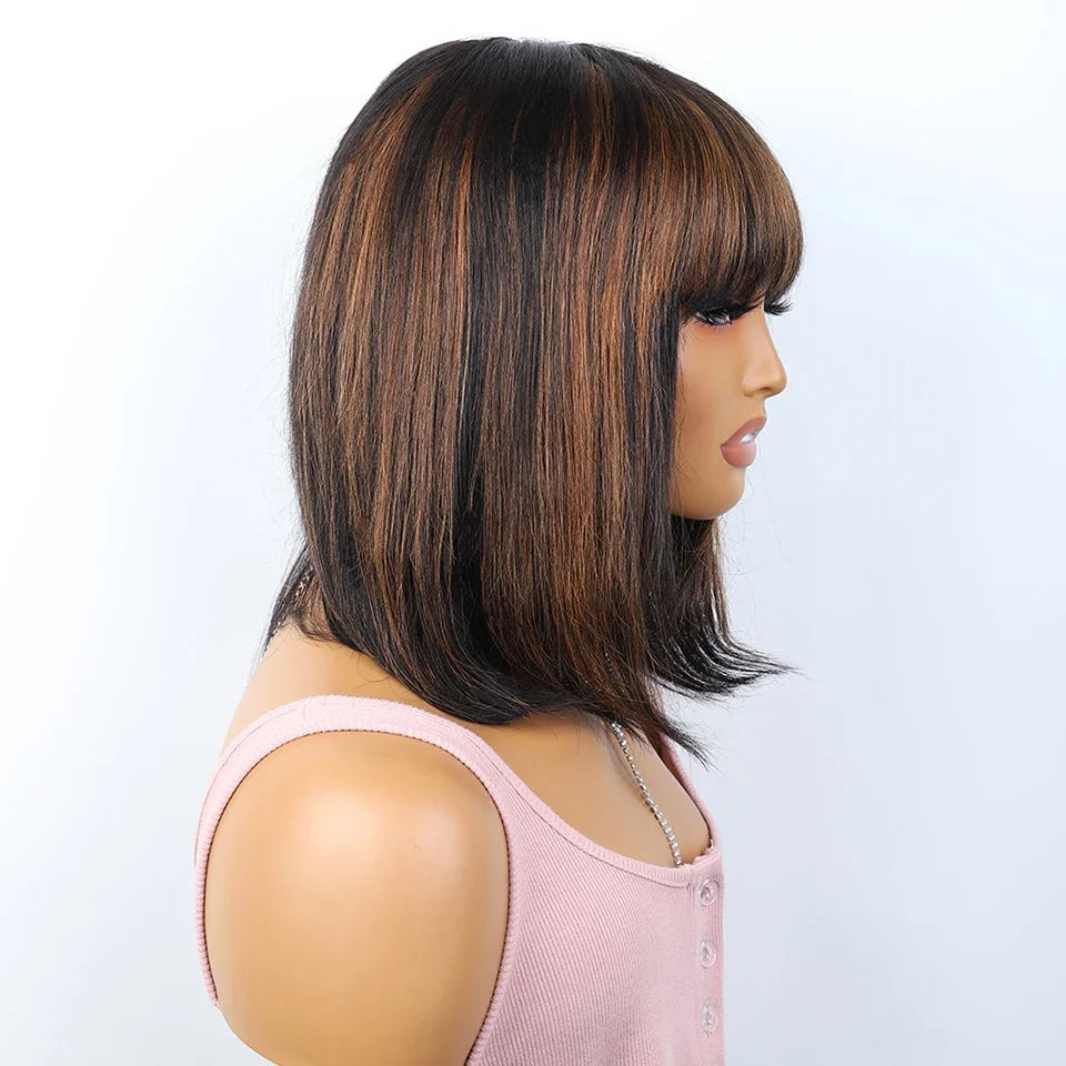 Perruque carrée droite Ombre #4/27 avec frange | Dessus en dentelle de cheveux humains et cuir chevelu réaliste