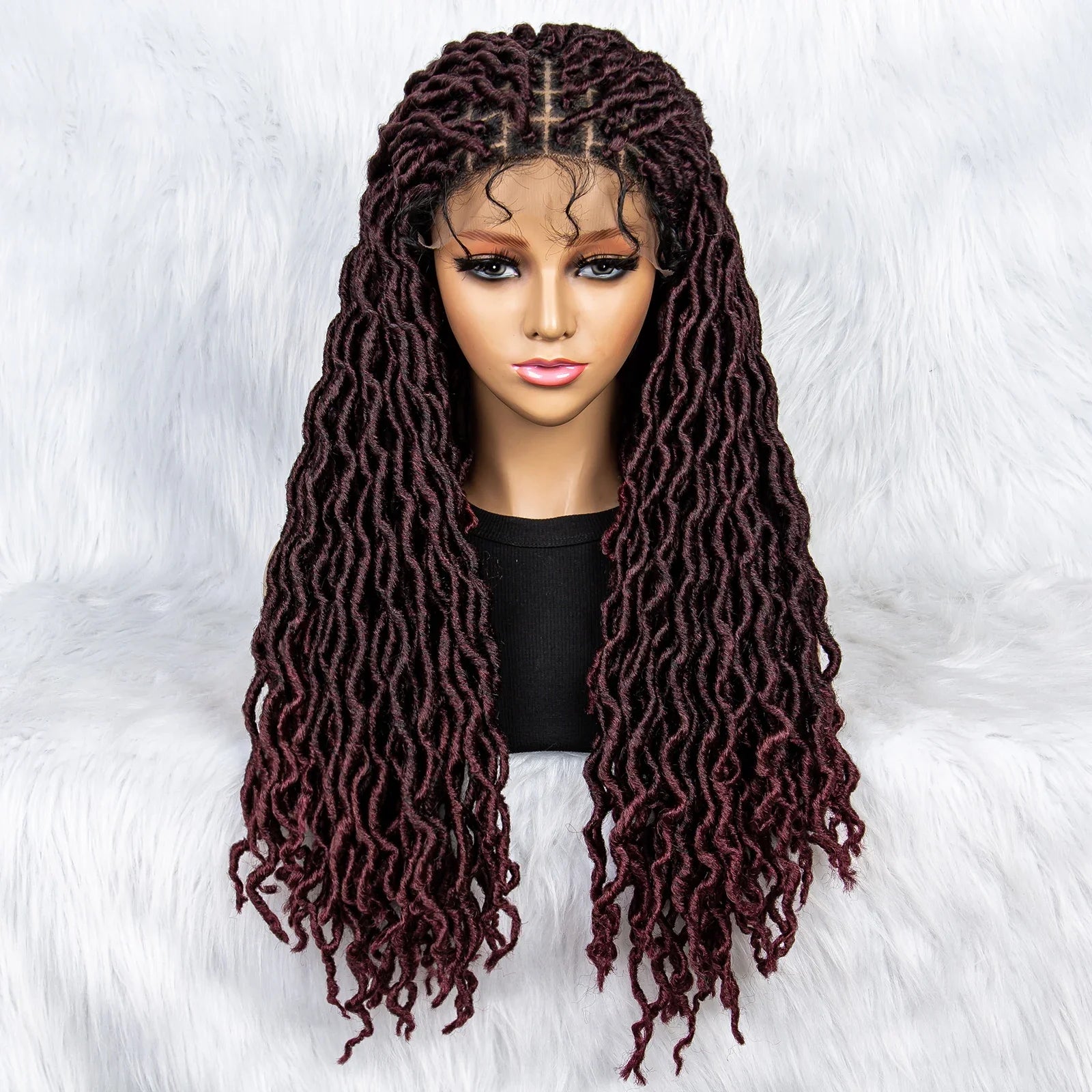Perruque tressée sans nœuds avec pointes bouclées et cheveux de bébé | Perruque synthétique Lace Front pour femmes noires