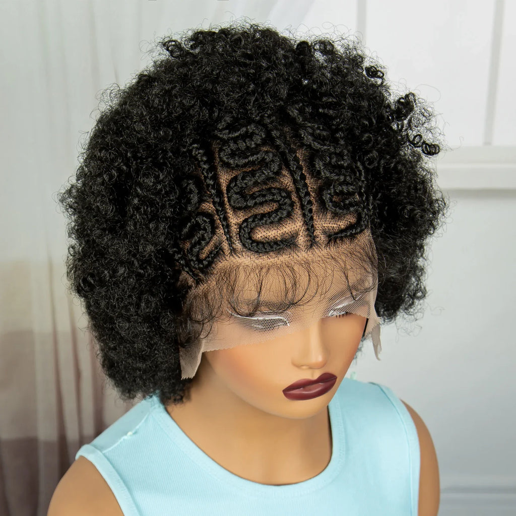 Perruque Afro Kinky Curly Tresses Collées Cornrows | Full Lace Transparente | Baby Hair