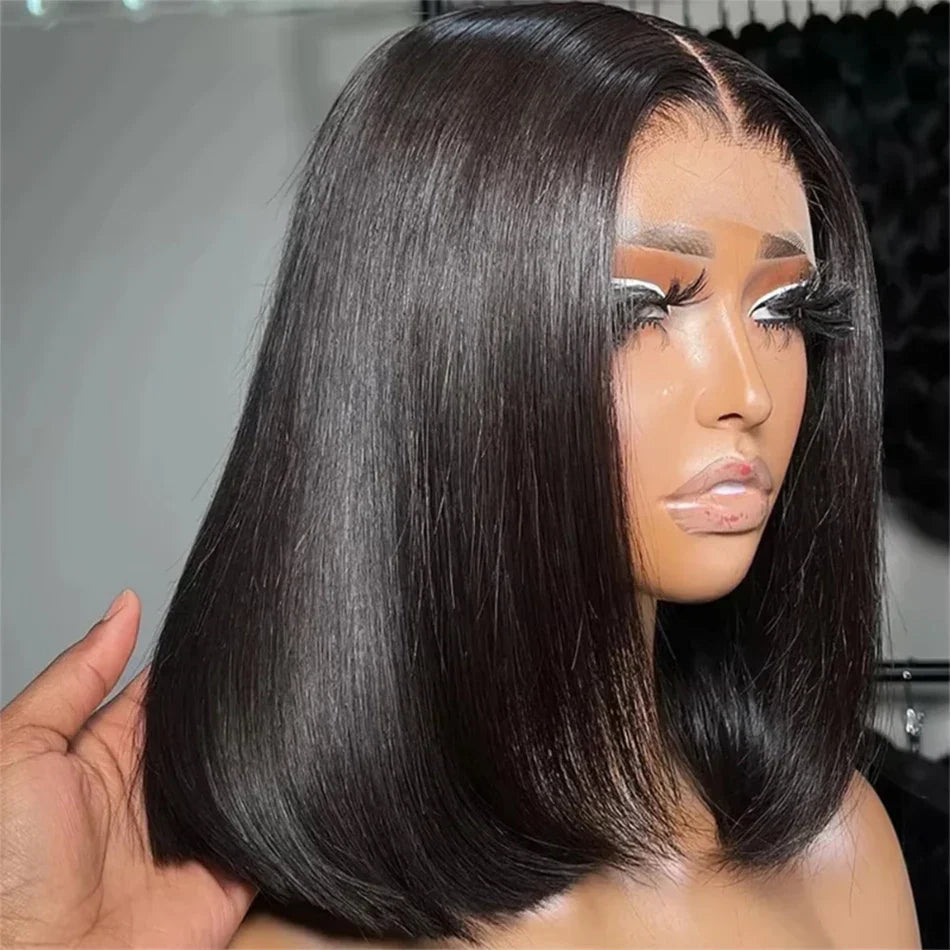 Perruque Bob Courte Droite Sans Colle 13x4 Lace Front Pré-Épilée avec Fermeture 4x4 Cheveux Humains Brésiliens Remy Ultra Lisses