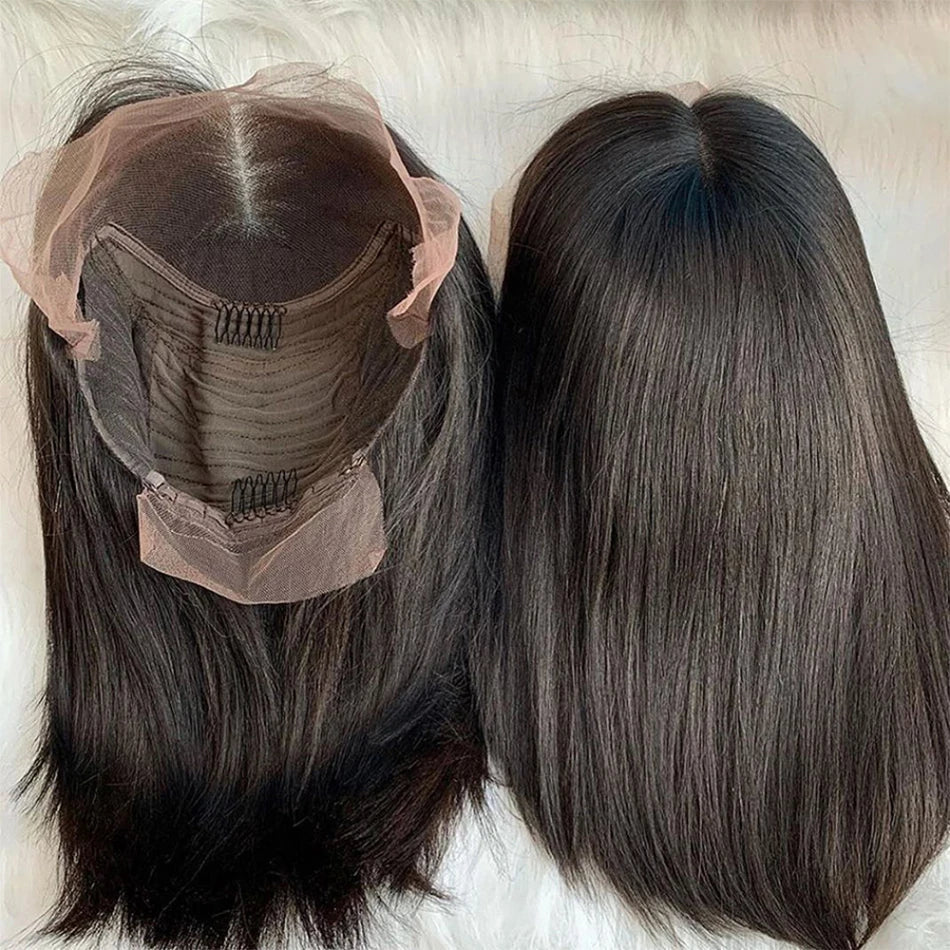 Perruque Bob Courte Droite Sans Colle 13x4 Lace Front Pré-Épilée avec Fermeture 4x4 Cheveux Humains Brésiliens Remy Ultra Lisses