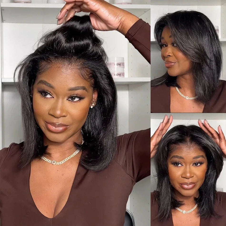 Perruque bob droite crépue sans colle 13x4 | Prête à porter | Cheveux brésiliens Remy | Dentelle transparente HD