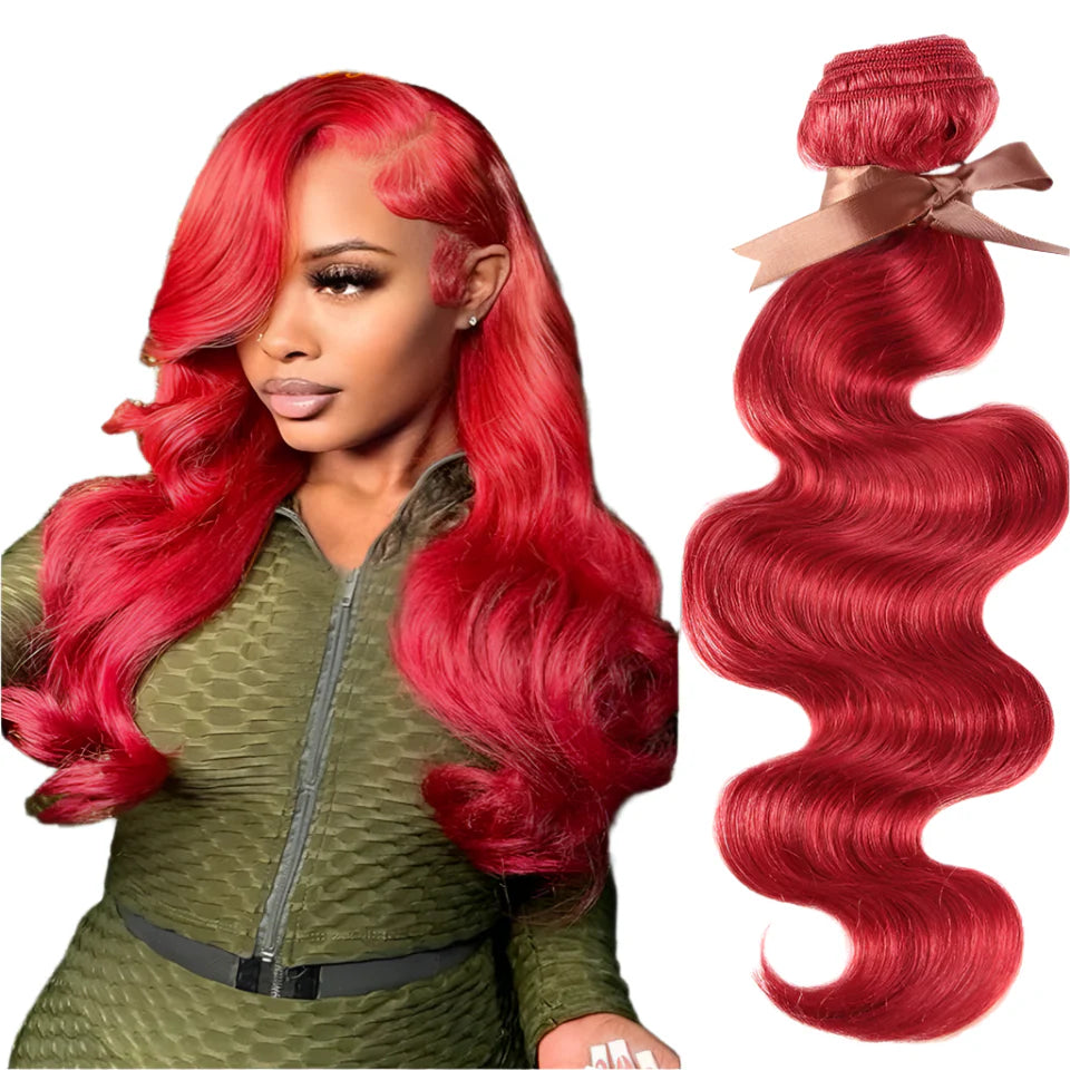 Mèches Brésiliennes Body Wave | Extensions de Cheveux Humains Rouge Bordeaux (Lots de 1/3/4 Pièces)