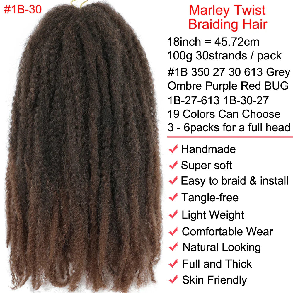 Cheveux à tresser Marley Twist 18" | Tresses au crochet | Extensions de cheveux crépus Afro Twist | Couleurs Ombré | 30 mèches/paquet