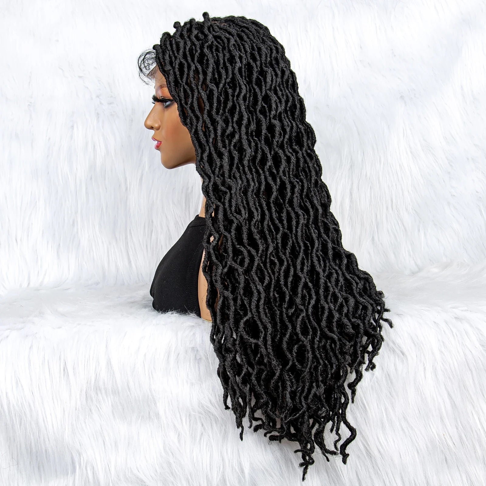 Perruque tressée sans nœuds avec pointes bouclées et cheveux de bébé | Perruque synthétique Lace Front pour femmes noires