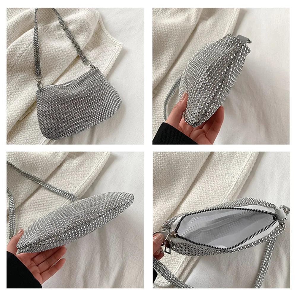 Pochette de Soirée Bling Strass | Sac à Main Coréen de Designer avec Chaîne en Diamants pour Dîner et Fêtes (Sac Carré Fourre-Tout Femme à Bandoulière)