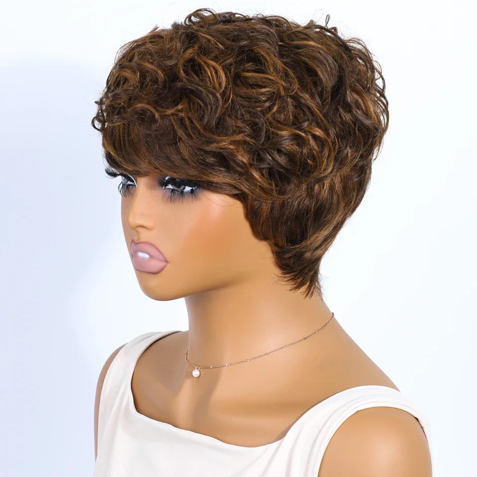 Perruque pixie marron mixte Rebecca | Cheveux humains brésiliens bouclés avec raie latérale