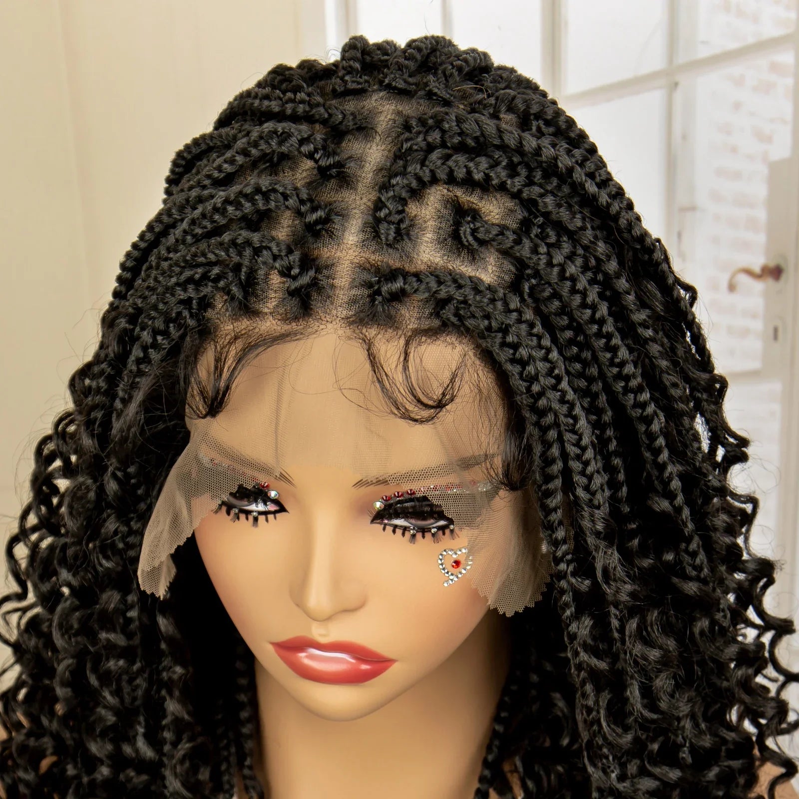 Perruque de tresses carrées bordeaux 14" | Entièrement lacée | Fibre Kanekalon | Tresses bohèmes | Pour femmes