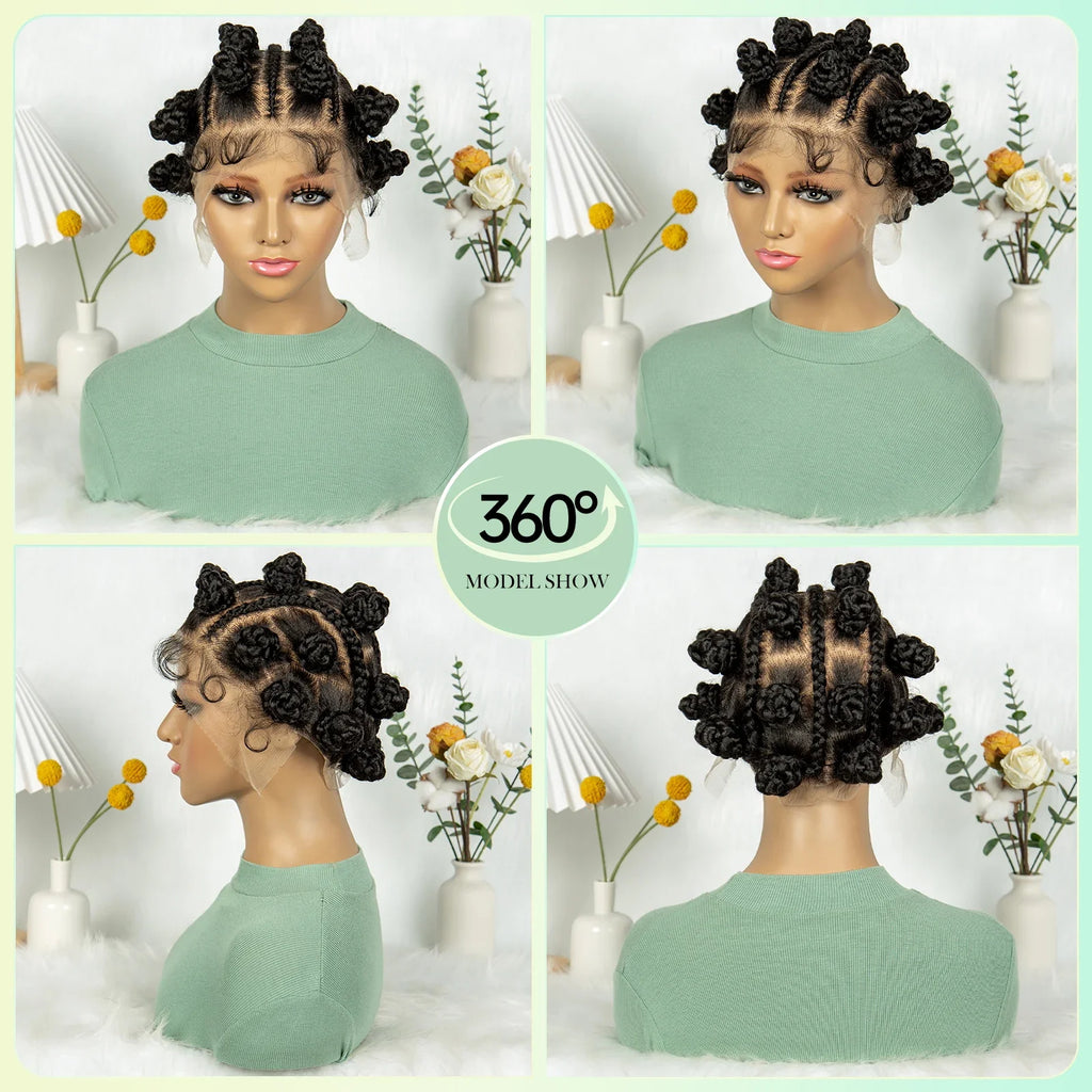 Perruque courte tressée à nœuds bantous | Entièrement en dentelle | Cheveux synthétiques | Cheveux de bébé | Jolies tresses pour femmes noires