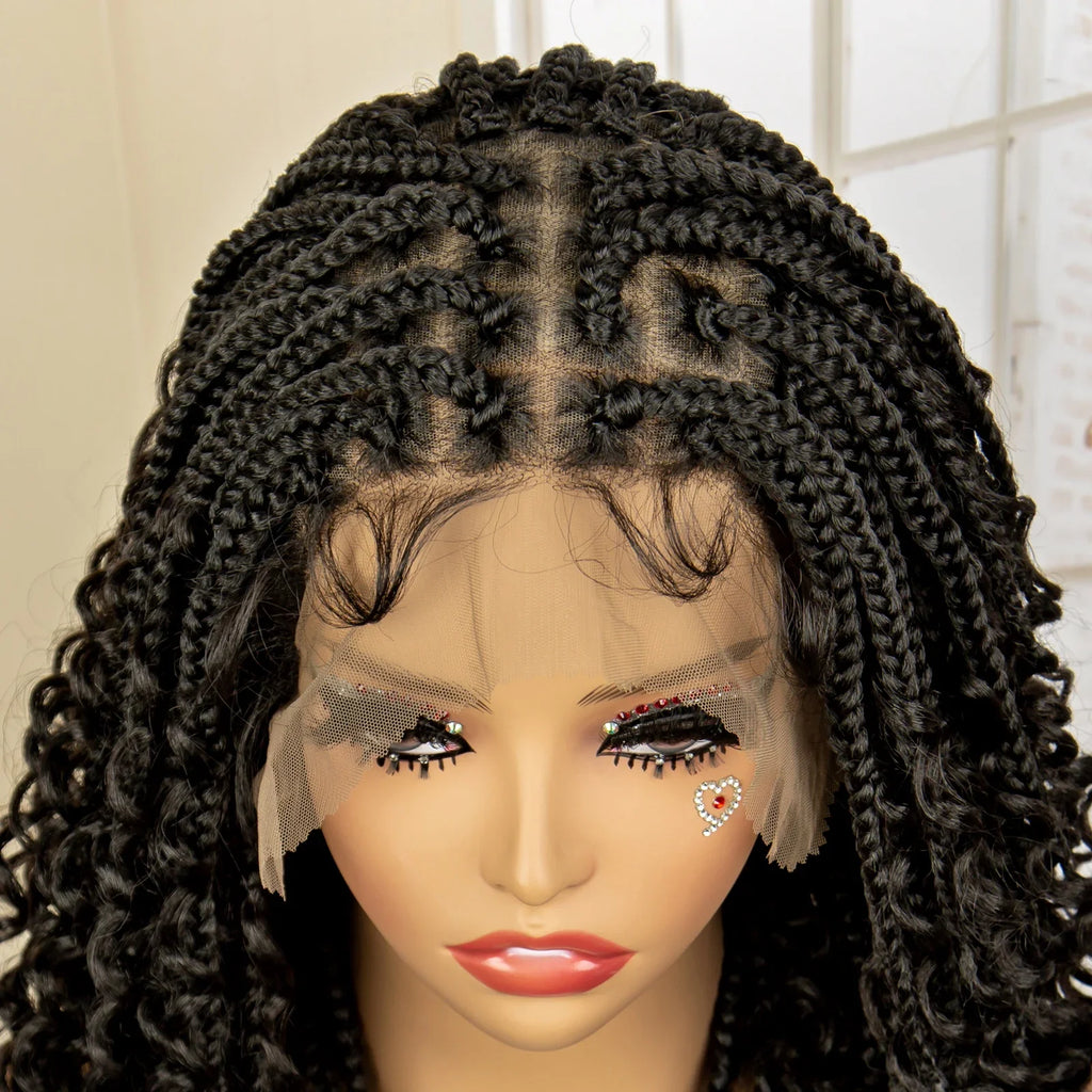 Perruque de tresses carrées bordeaux 14" | Entièrement lacée | Fibre Kanekalon | Tresses bohèmes | Pour femmes