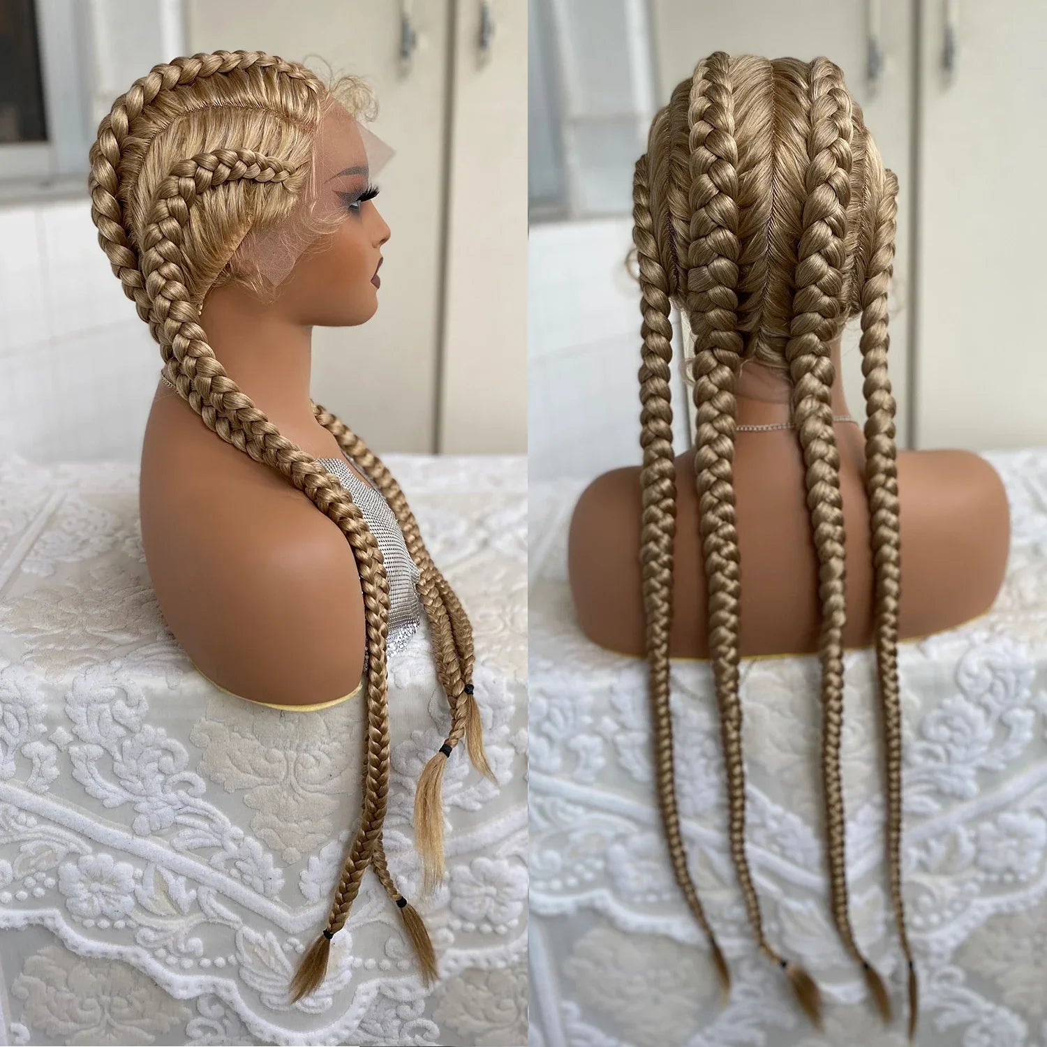 Perruque avant en dentelle torsadée sénégalaise de 32 pouces | 4 tresses collées | Avec des cheveux de bébé | Tresses synthétiques au crochet