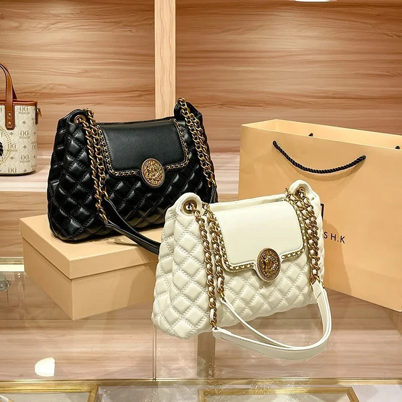 Sac à bandoulière en cuir véritable de luxe pour femmes | Nouveau sac à main sous les aisselles grande capacité de créateur (treillis diamant)