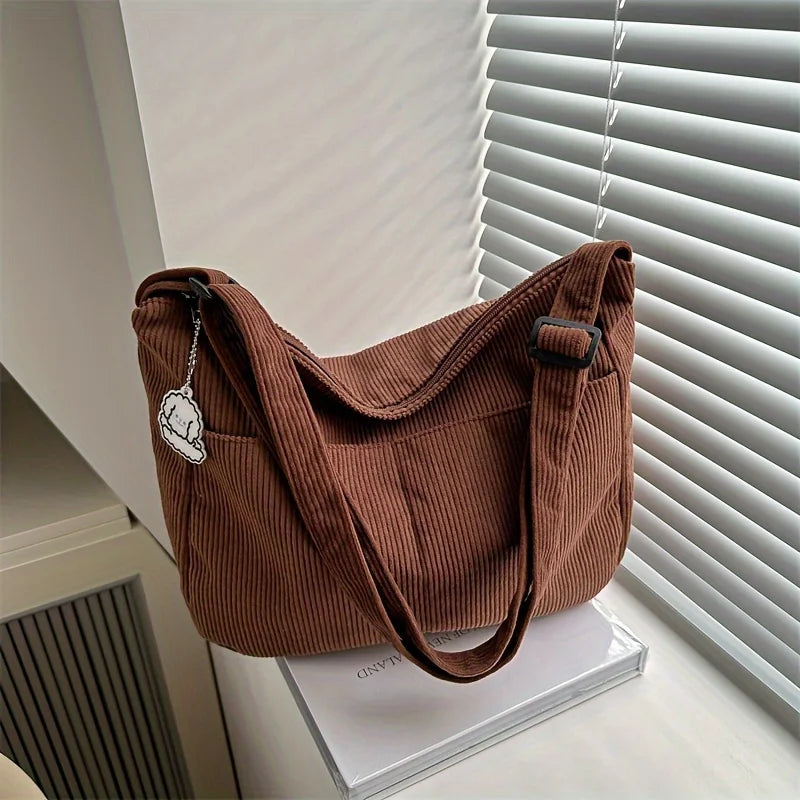Sac à bandoulière en velours côtelé pour femme | Grand cabas décontracté rayé avec fermeture éclair (écusson chapeau mignon, usage quotidien)