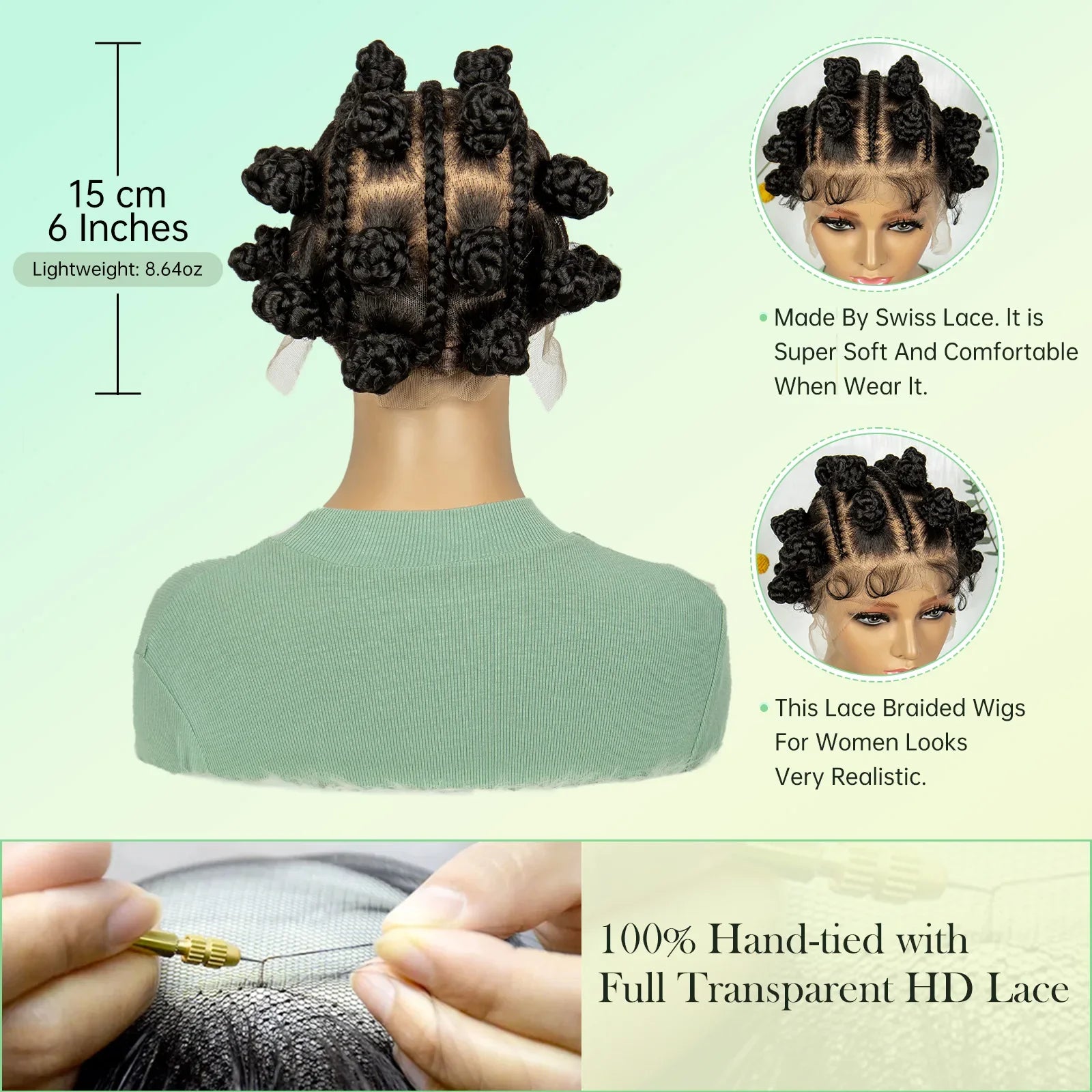 Perruque courte tressée à nœuds bantous | Entièrement en dentelle | Cheveux synthétiques | Cheveux de bébé | Jolies tresses pour femmes noires