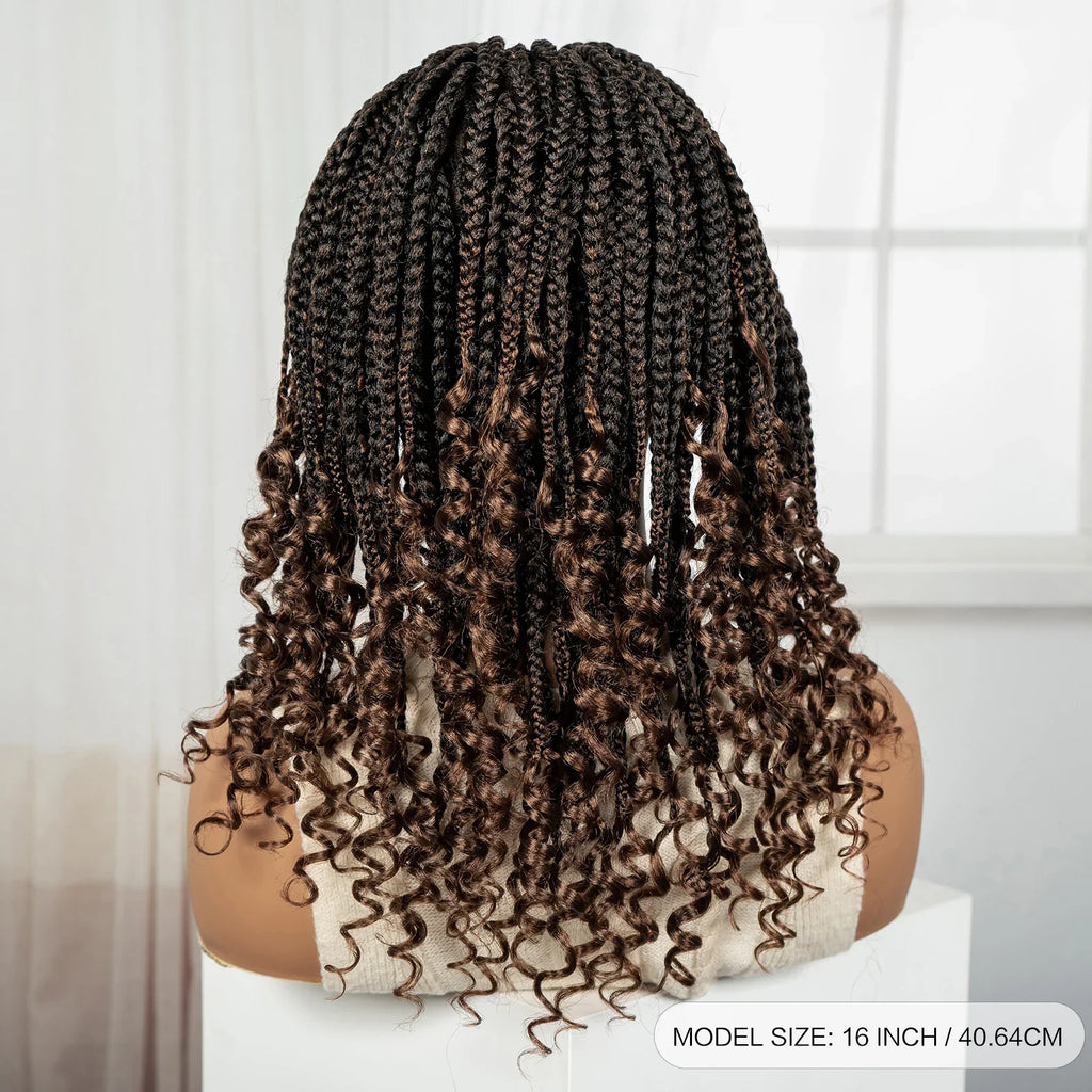 Knotless Box Boho Braided Wig with Curly Ends | Short Bob Style | Full Lace Synthetic Wig for Black Women
