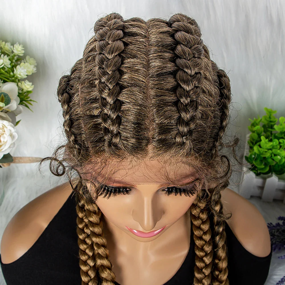 Perruque tressée de 36" 27/613 blonde cornrow | Tresses africaines frontales en dentelle | Perruque synthétique avec cheveux de bébé pour femmes noires