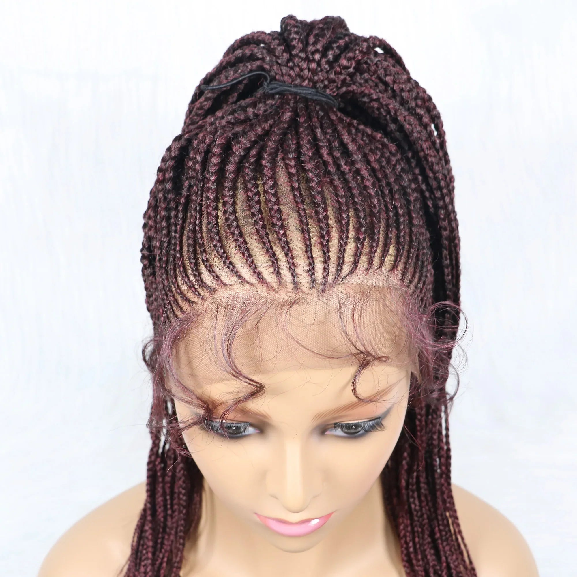 Perruque tressée Kima Cornrow & Bantu Knot | Tresses collées | Entièrement lacée | Cheveux synthétiques résistants à la chaleur