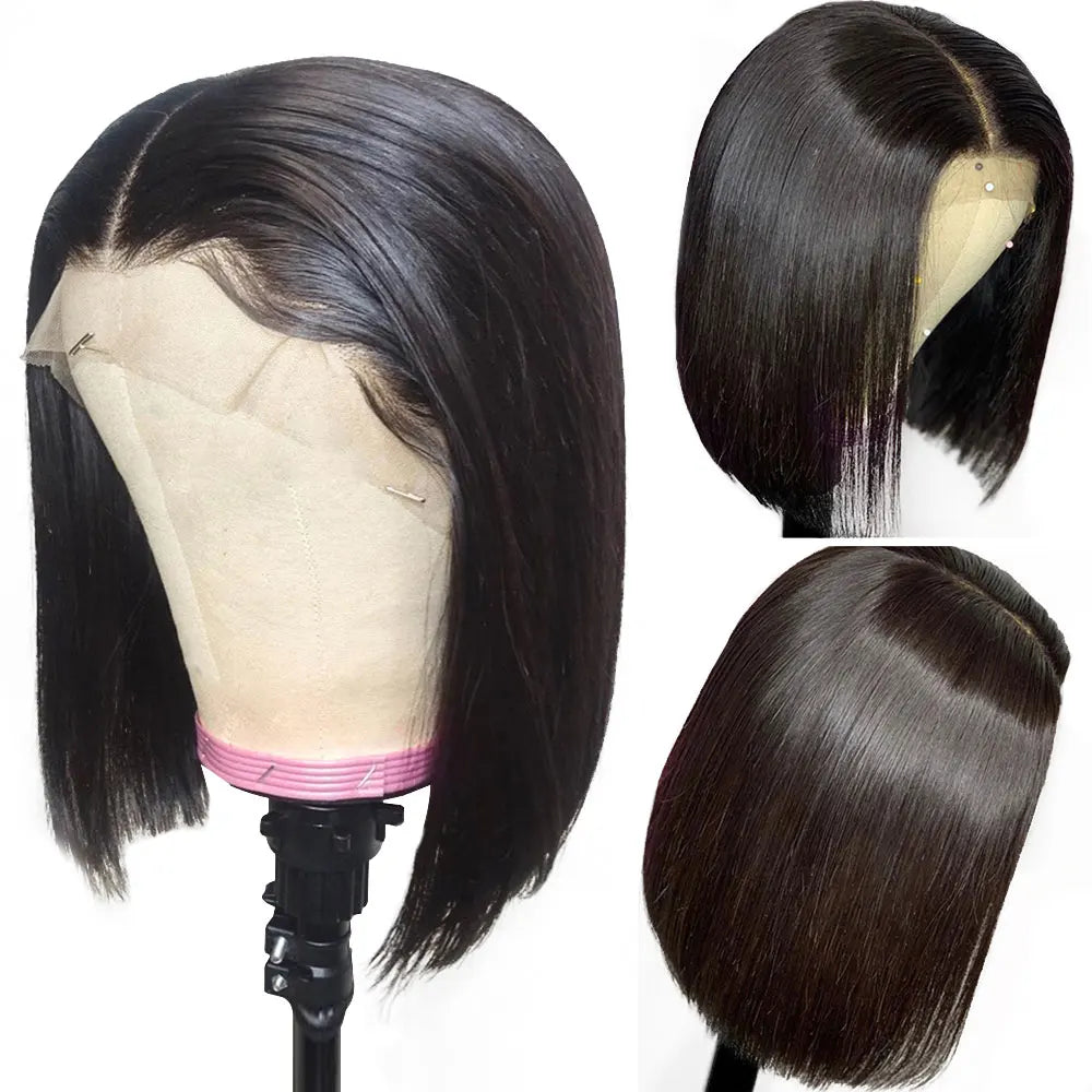 Perruque Bob Courte Droite Sans Colle 13x4 Lace Front Pré-Épilée avec Fermeture 4x4 Cheveux Humains Brésiliens Remy Ultra Lisses