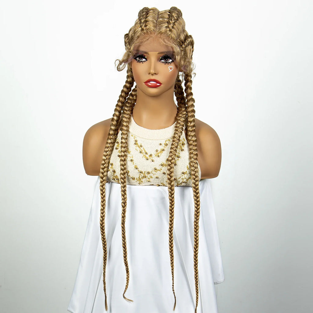 Perruque tressée de 36" 27/613 blonde cornrow | Tresses africaines frontales en dentelle | Perruque synthétique avec cheveux de bébé pour femmes noires