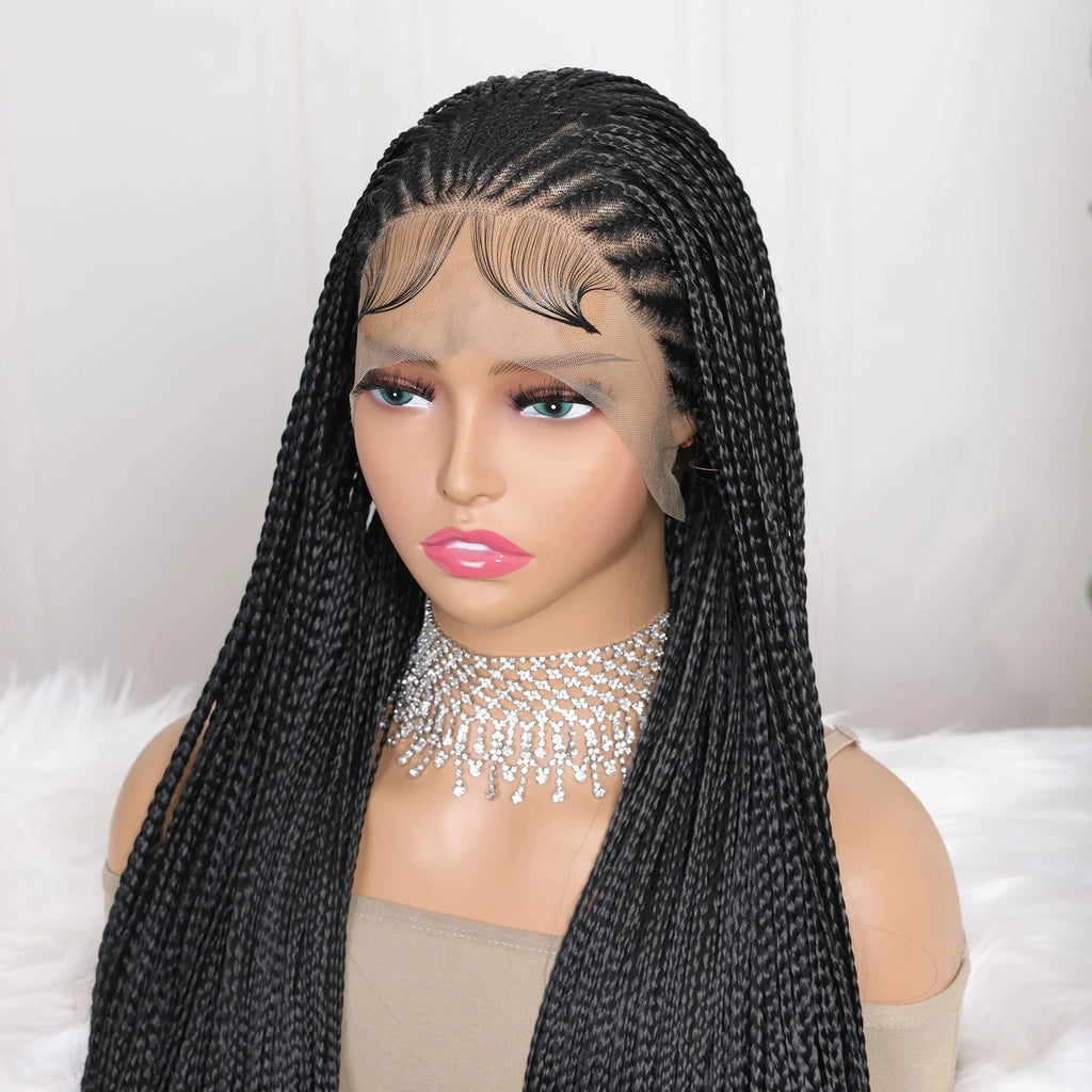 Perrque Tressée Déesse Faux Locs 13x4 | Tresses Boîte Sans Nœuds | Longue Synthétique Lace Front | Nœuds Blanchis