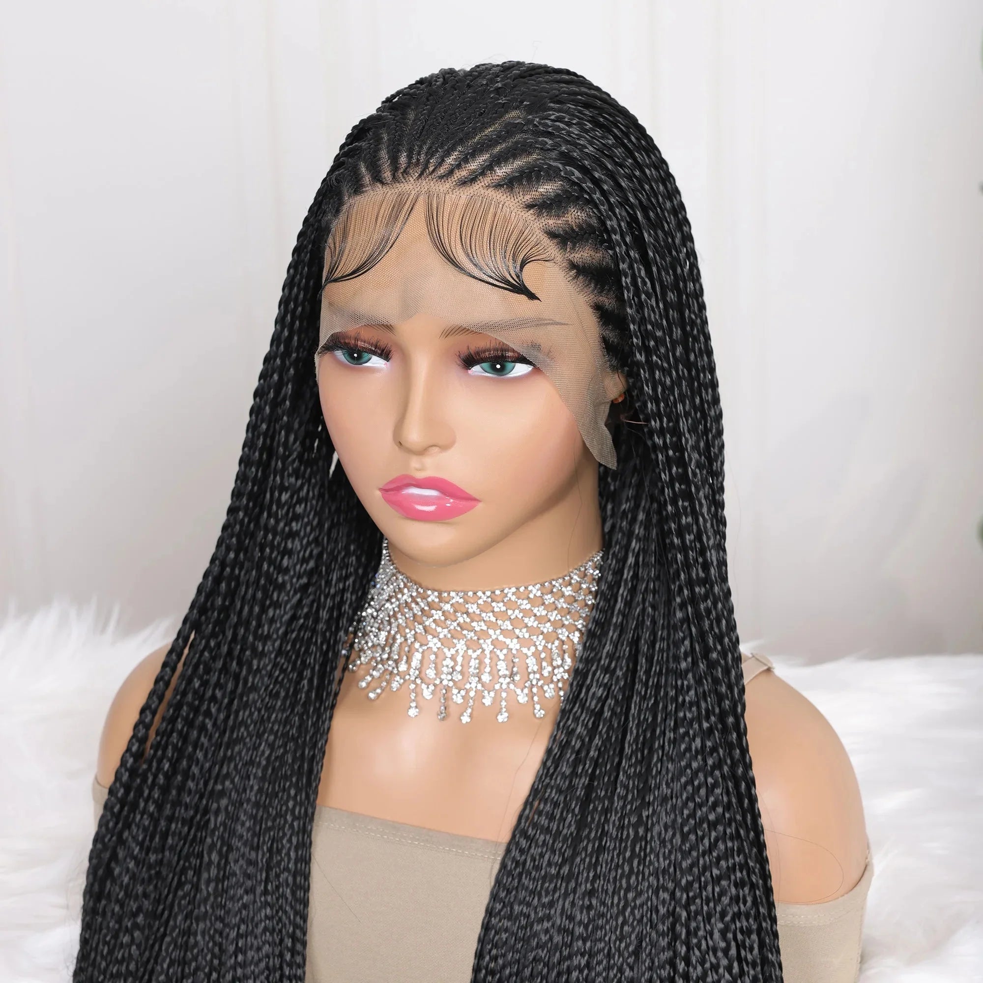 Perrque Tressée Déesse Faux Locs 13x4 | Tresses Boîte Sans Nœuds | Longue Synthétique Lace Front | Nœuds Blanchis