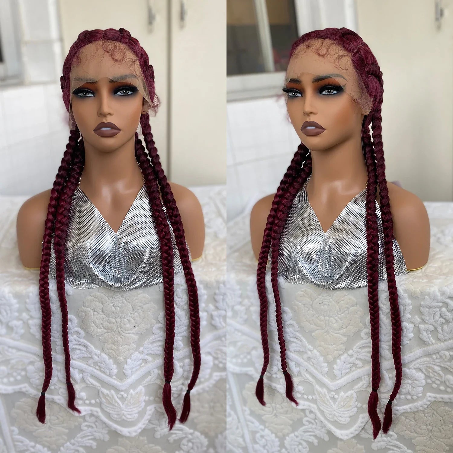 Perruque avant en dentelle torsadée sénégalaise de 32 pouces | 4 tresses collées | Avec des cheveux de bébé | Tresses synthétiques au crochet