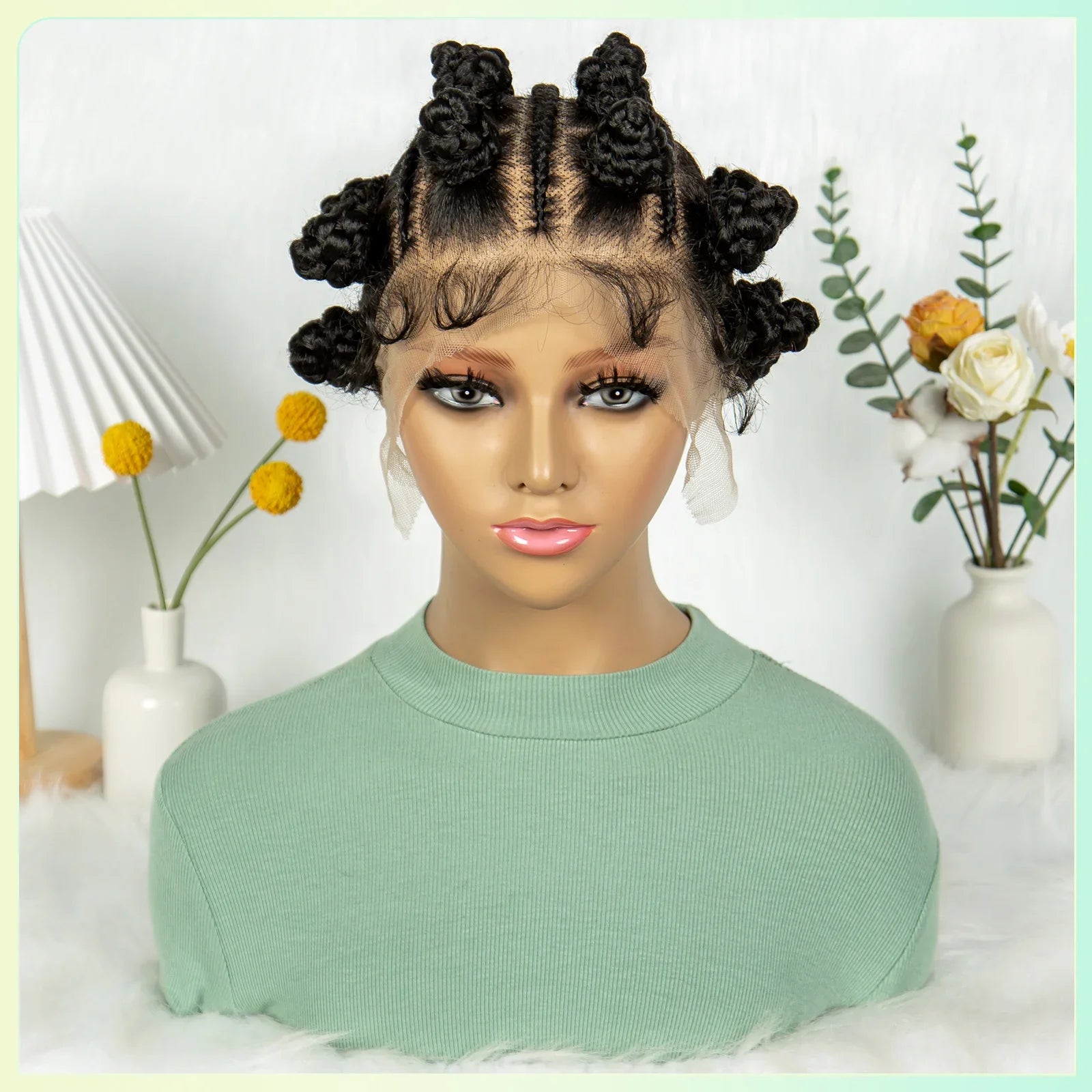 Perruque courte tressée à nœuds bantous | Entièrement en dentelle | Cheveux synthétiques | Cheveux de bébé | Jolies tresses pour femmes noires