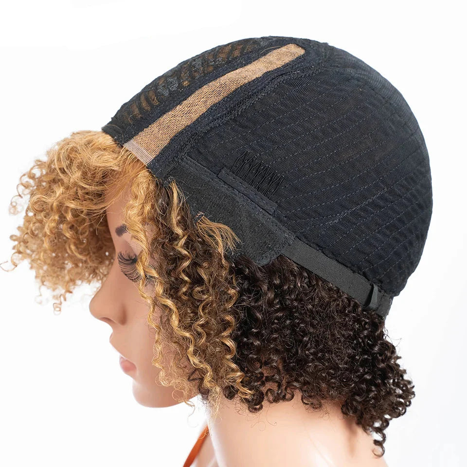 Perruque courte bob Ombre Honey 4/27 Afro Kinky Curly | Perruque en dentelle de cheveux humains avec baby hair