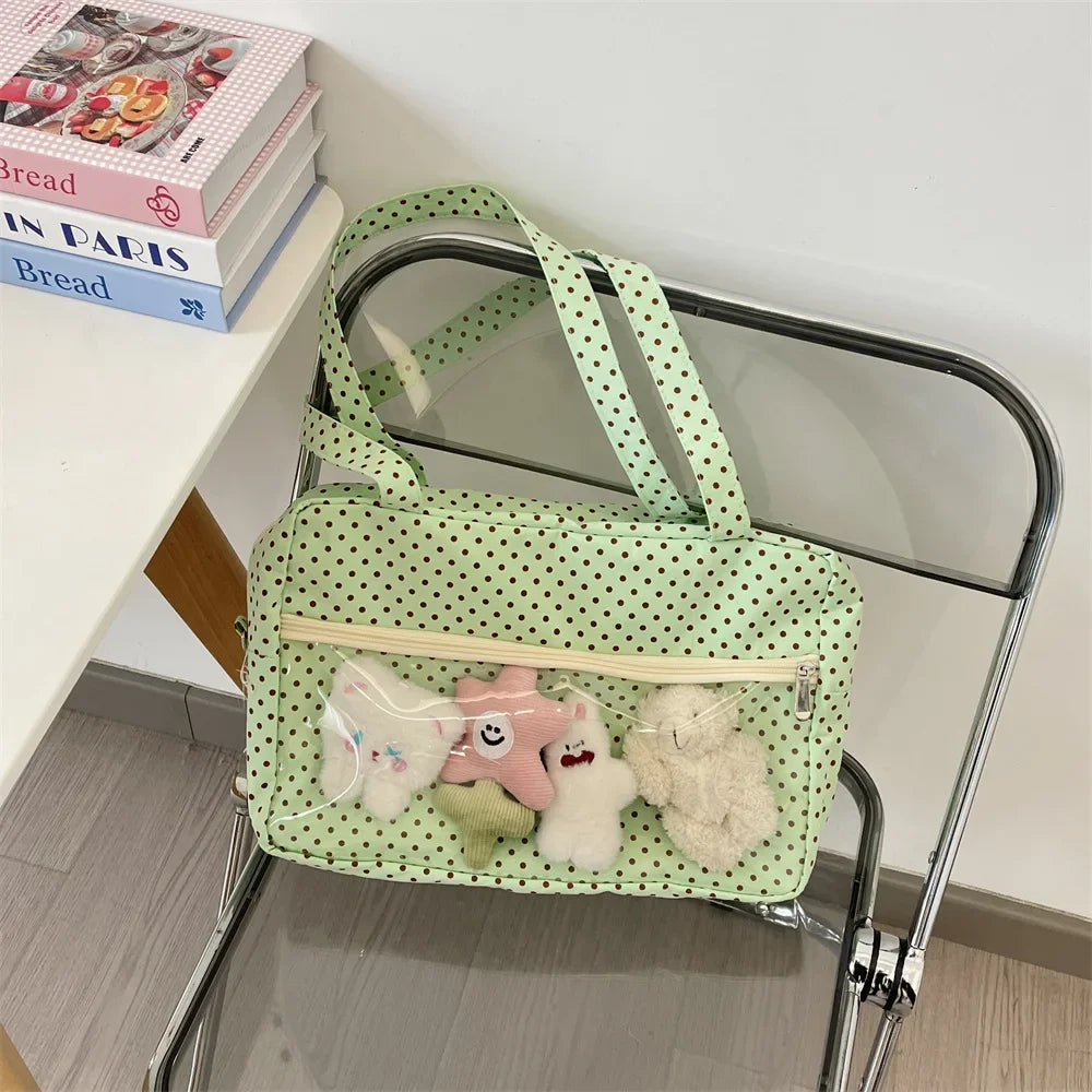 Sac Ita Y2K Ulzzang pour femmes | Sac à bandoulière et fourre-tout sous le bras en toile à pois tendance (Poche transparente, Mode jeune)