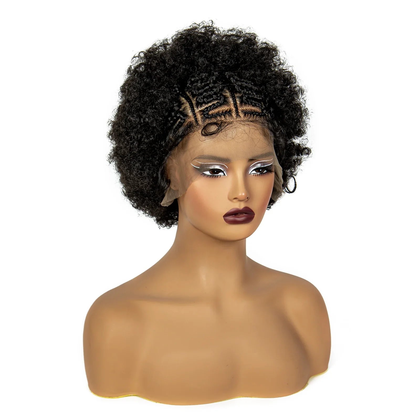 Perruque bob tressée afro bouclée bordeaux | Dentelle 13x6 | Cheveux de bébé | Boucles rebondissantes
