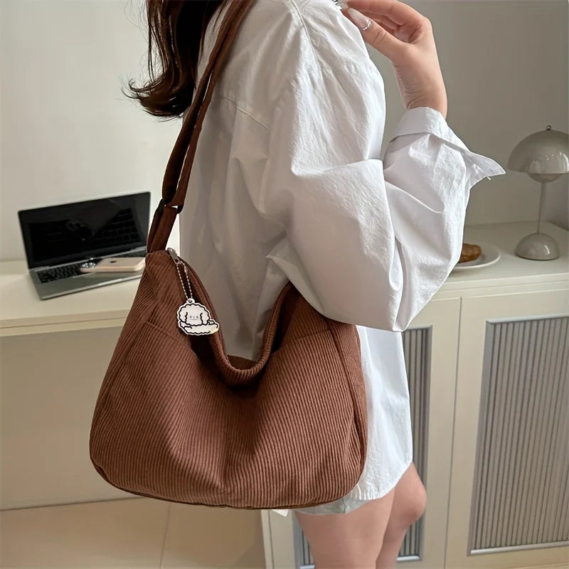 Sac à bandoulière en velours côtelé pour femme | Grand cabas décontracté rayé avec fermeture éclair (écusson chapeau mignon, usage quotidien)