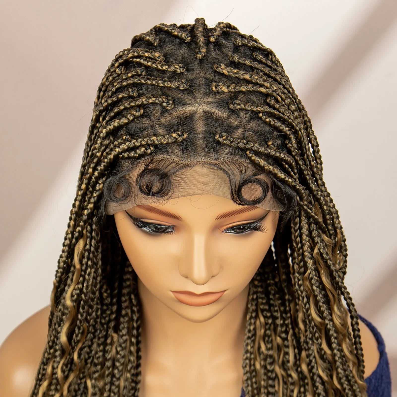Perruque tressée boîte bohème avec cheveux bouclés | Accents dreadlocks style déesse | Perruque tressée marron en dentelle intégrale | Perruque tressée boîte bohème