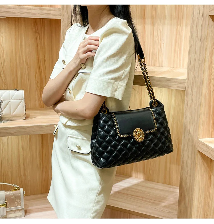 Sac à bandoulière en cuir véritable de luxe pour femmes | Nouveau sac à main sous les aisselles grande capacité de créateur (treillis diamant)