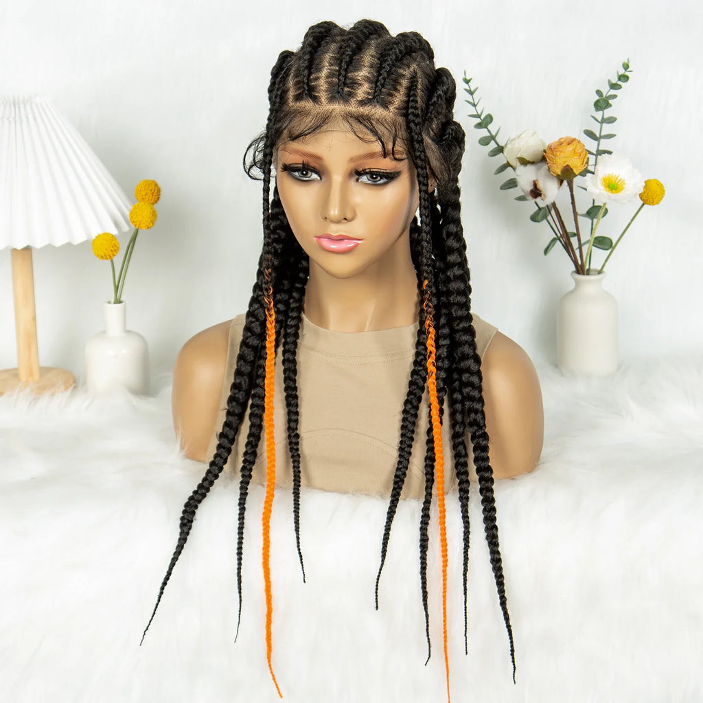 Perruque en dentelle complète tressée sans nœuds | Tresses africaines | Cheveux de bébé | Perruque tressée synthétique