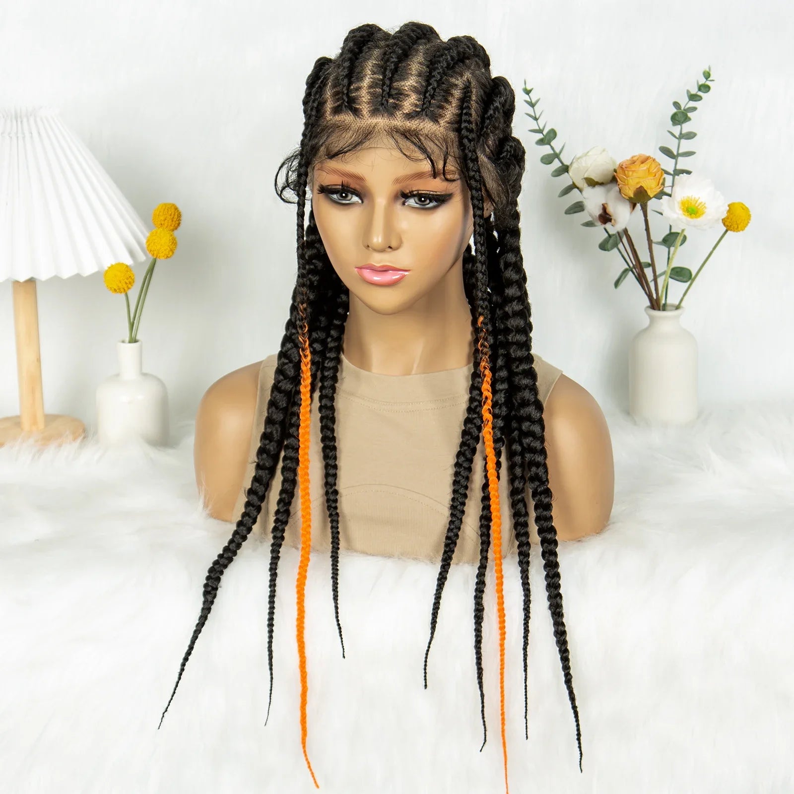 Perruque en dentelle complète tressée sans nœuds | Tresses africaines | Cheveux de bébé | Perruque tressée synthétique
