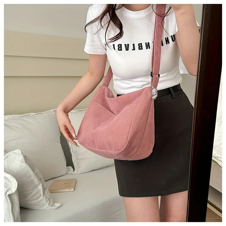 Sac à bandoulière en velours côtelé pour femme | Grand cabas décontracté rayé avec fermeture éclair (écusson chapeau mignon, usage quotidien)