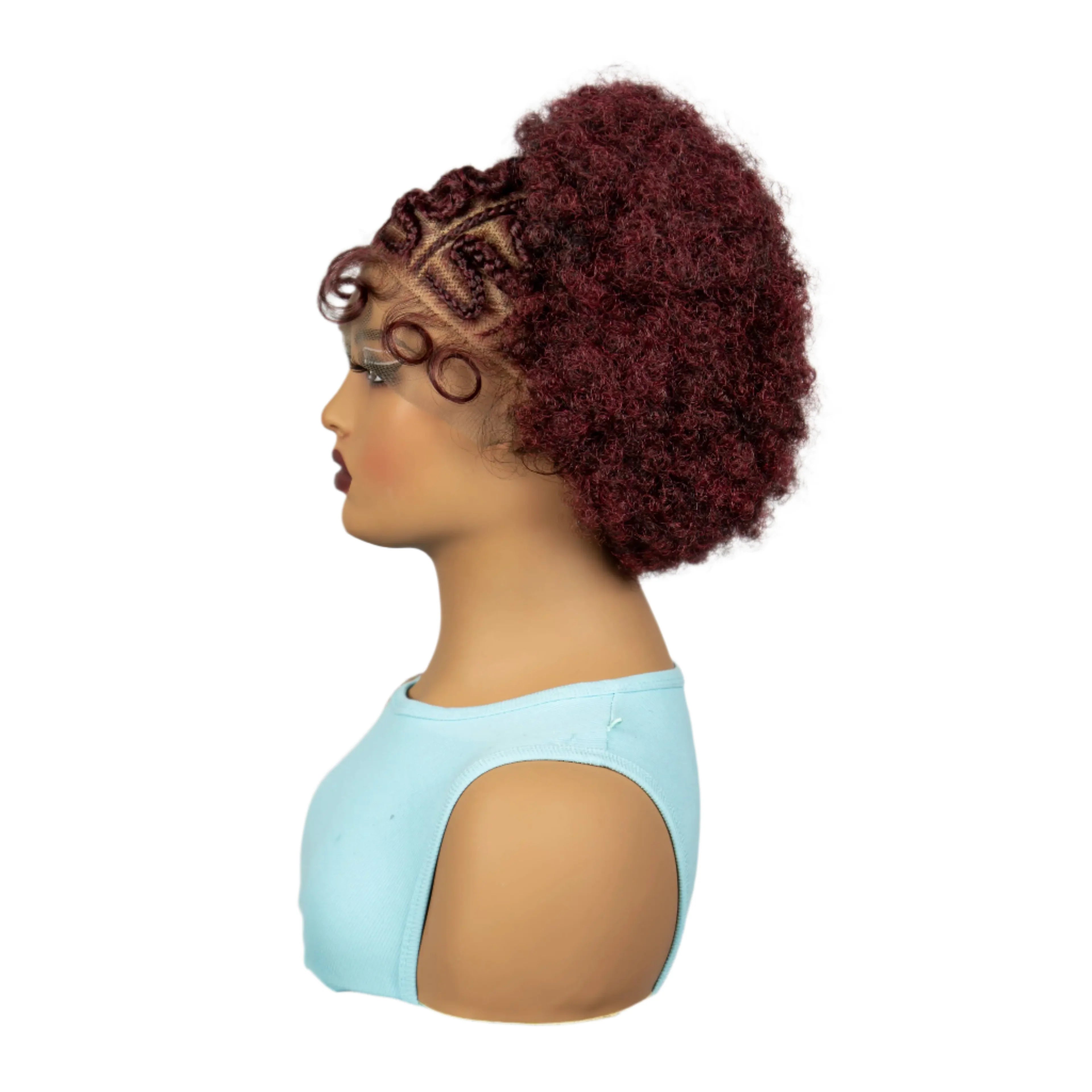 Perruque bob tressée afro bouclée bordeaux | Dentelle 13x6 | Cheveux de bébé | Boucles rebondissantes