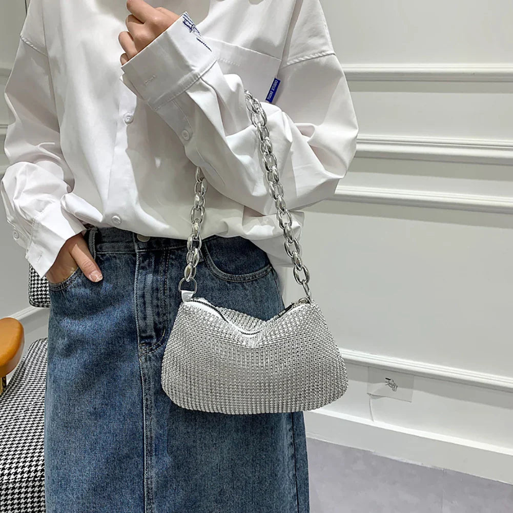 Pochette de Soirée Bling Strass | Sac à Main Coréen de Designer avec Chaîne en Diamants pour Dîner et Fêtes (Sac Carré Fourre-Tout Femme à Bandoulière)