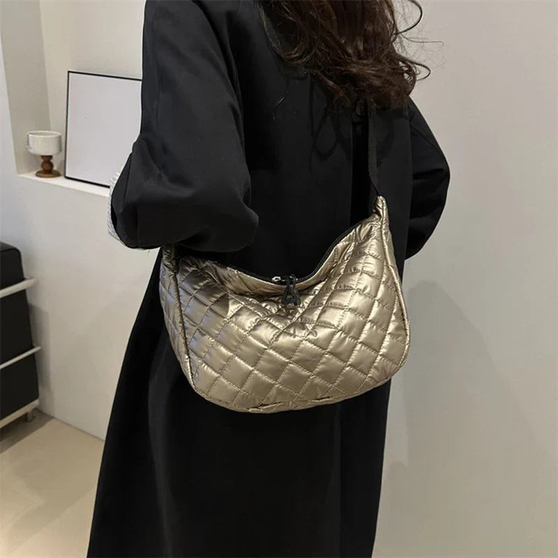 Sacs à main matelassés en nylon tendance pour femme | Sacs à poignée supérieure grande capacité et sacs bandoulière couleur unie (sacs à bandoulière d'hiver pour femme)