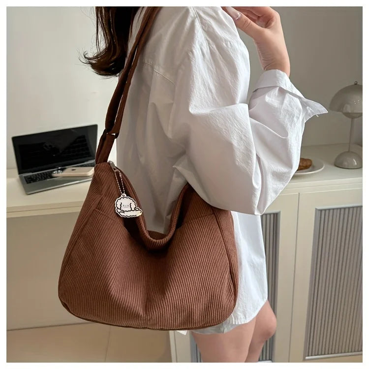 Sac à bandoulière en velours côtelé pour femme | Grand cabas décontracté rayé avec fermeture éclair (écusson chapeau mignon, usage quotidien)