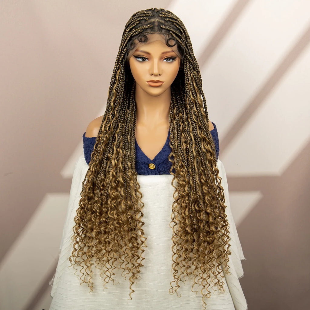 Perruque tressée boîte bohème avec cheveux bouclés | Accents dreadlocks style déesse | Perruque tressée marron en dentelle intégrale | Perruque tressée boîte bohème
