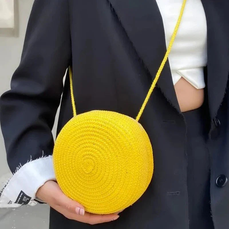 Sac bandoulière tissé en paille pour femme | Petit sac à main de plage rond en rotin fait main (sac à bandoulière pour femme)